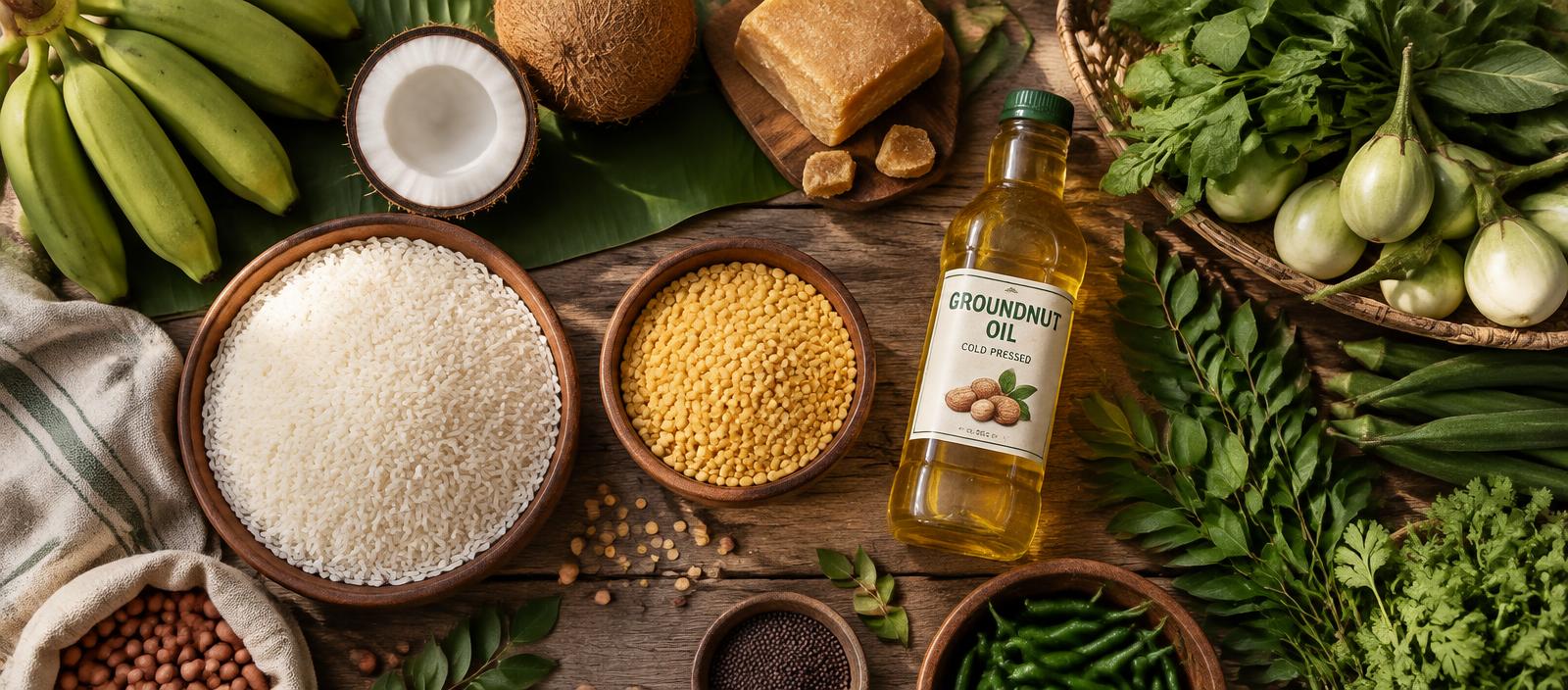 Fresh village groceries on a wooden table